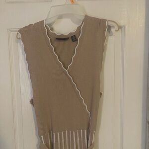 Tan Sleeveless Wrap Dress with White Trim